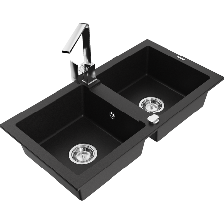 Mexen Mario fregadero de granito de 2 compartimentos con grifo de cocina Rita, negro - 6504-77-670300-00