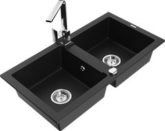 Mexen Mario granite double bowl sink with Rita kitchen tap, black - 6504-77-670300-00