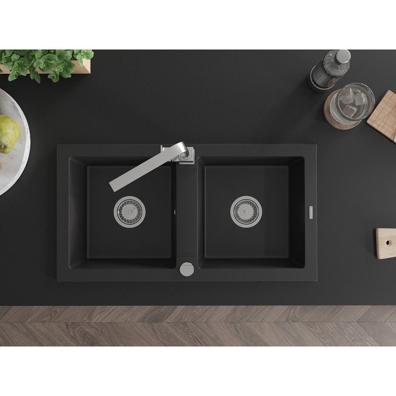Mexen Mario fregadero de granito de 2 compartimentos con grifo de cocina Rita, negro - 6504-77-670300-00
