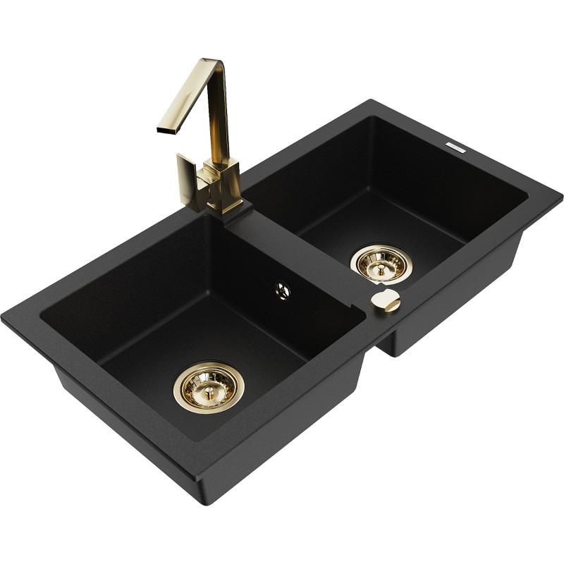 Mexen Mario fregadero de granito de 2 compartimentos con grifo de cocina Rita, negro - 6504-77-670300-50