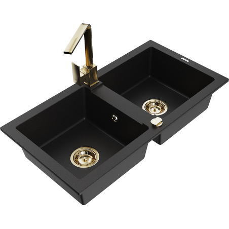 Mexen Mario fregadero de granito de 2 senos con grifo de cocina Rita, negro - 6504-77-670300-50