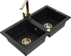 Mexen Mario 2-bowl granite sink with Rita kitchen faucet, black - 6504-77-670300-50