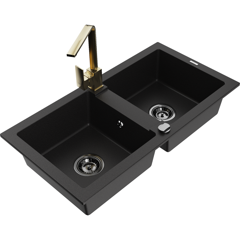 Mexen Mario évier en granit à 2 bacs avec robinet de cuisine Rita, noir - 6504-77-670300-50-B