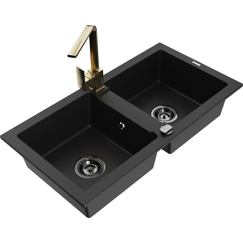 Mexen Mario fregadero de granito de 2 compartimentos con grifo de cocina Rita, negro - 6504-77-670300-50-B