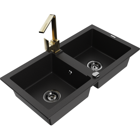 Mexen Mario fregadero de granito de 2 senos con grifo de cocina Rita, negro - 6504-77-670300-50-B