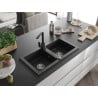 Mexen Mario Granite Kitchen Sink 2-Bowl with Rita Kitchen Tap, Black - 6504-77-670300-70