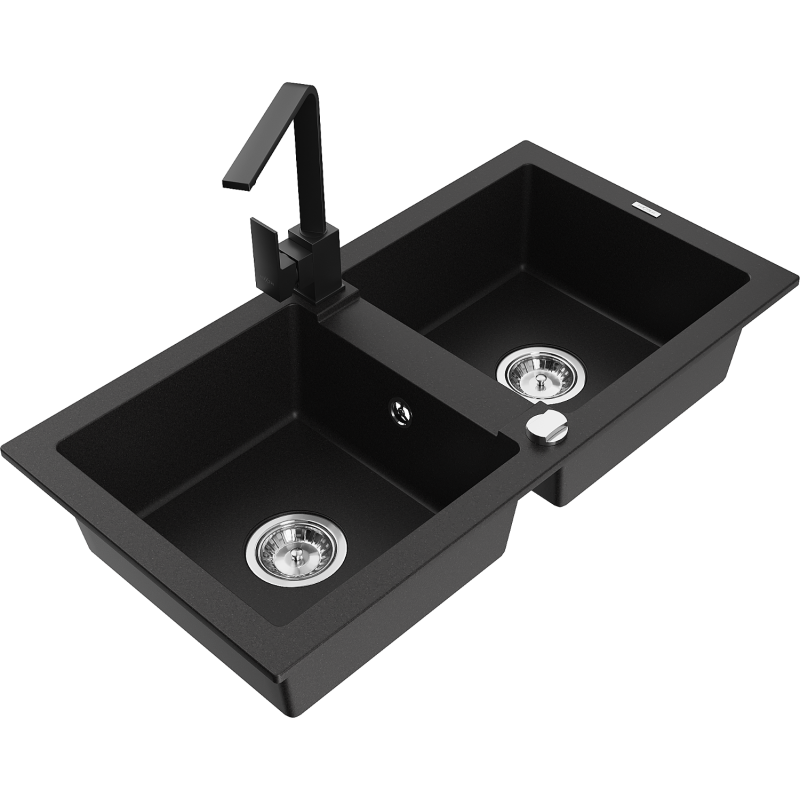 Mexen Mario Granite Kitchen Sink 2-Bowl with Rita Kitchen Tap, Black - 6504-77-670300-70