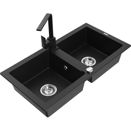 Mexen Mario fregadero de granito de 2 compartimentos con grifo de cocina Rita, negro - 6504-77-670300-70