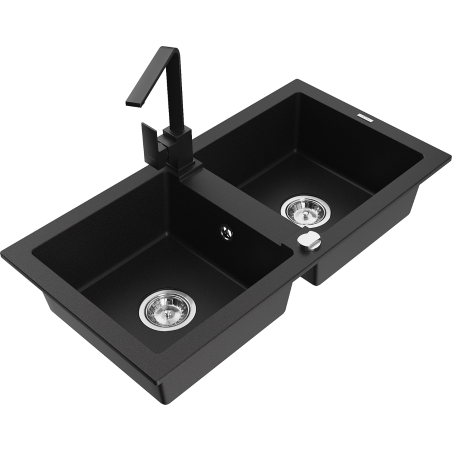 Mexen Mario Granite Kitchen Sink 2-Bowl with Rita Kitchen Tap, Black - 6504-77-670300-70
