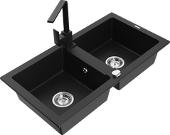 Mexen Mario fregadero de granito de 2 compartimentos con grifo de cocina Rita, negro - 6504-77-670300-70
