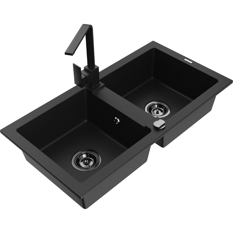 Mexen Mario fregadero de granito de 2 compartimentos con grifo de cocina Rita, negro - 6504-77-670300-70-B