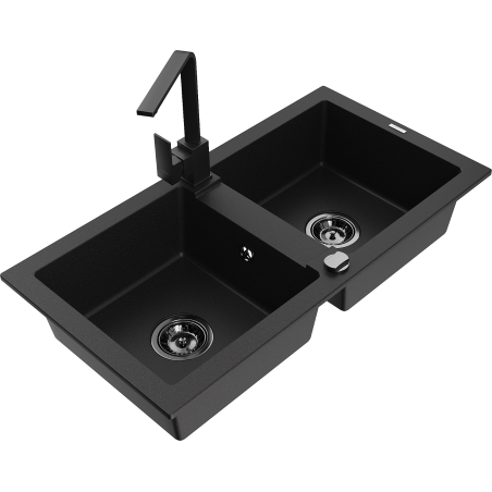 Mexen Mario Granite Sink 2-Bowl with Rita Kitchen Tap, Black - 6504-77-670300-70-B