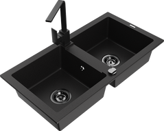 Mexen Mario granite double-bowl kitchen sink with Rita faucet, black - 6504-77-670300-70-B