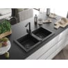 Mexen Mario Granite Sink 2-Bowl with Rita Kitchen Tap, Black - 6504-77-670300-70-B