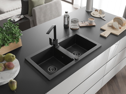 Mexen Mario Granite Sink 2-Bowl with Rita Kitchen Tap, Black - 6504-77-670300-70-B