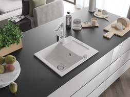 Mexen Enzo granite sink single bowl with drainer and Rita kitchen tap, white - 6506-20-670300-00