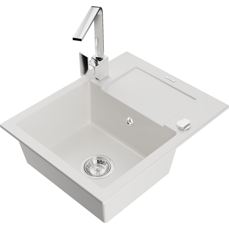 Mexen Enzo fregadero de granito de 1 cubeta con escurridor y grifo de cocina Rita, blanco - 6506-20-670300-00