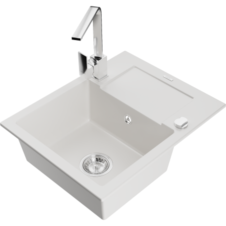 Mexen Enzo granite sink single bowl with drainer and Rita kitchen tap, white - 6506-20-670300-00