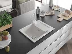 Mexen Enzo 1-bowl granite sink with drainer and Rita kitchen tap, white - 6506-20-670300-20