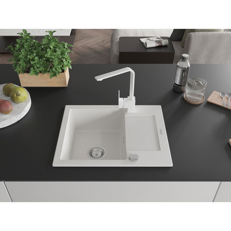 Mexen Enzo 1-bowl granite sink with drainer and Rita kitchen tap, white - 6506-20-670300-20