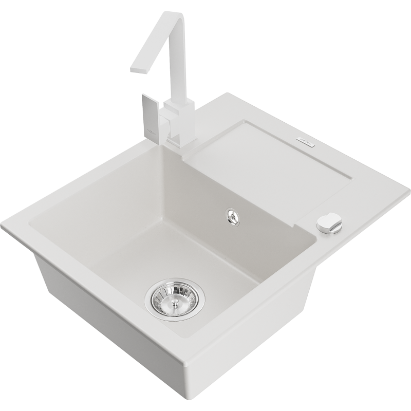 Mexen Enzo 1-bowl granite sink with drainer and Rita kitchen tap, white - 6506-20-670300-20