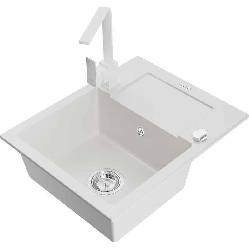 Mexen Enzo fregadero de granito de 1 cubeta con escurridor y grifo de cocina Rita, blanco - 6506-20-670300-20