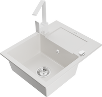 Mexen Enzo 1-bowl granite sink with drainer and Rita kitchen tap, white - 6506-20-670300-20