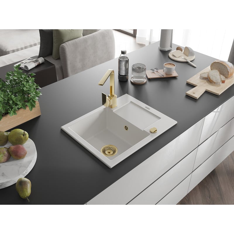 Mexen Enzo single-bowl granite sink with drainer and Rita kitchen tap, white - 6506-20-670300-50