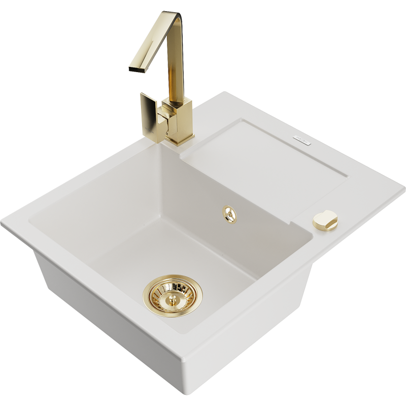 Mexen Enzo single-bowl granite sink with drainer and Rita kitchen tap, white - 6506-20-670300-50