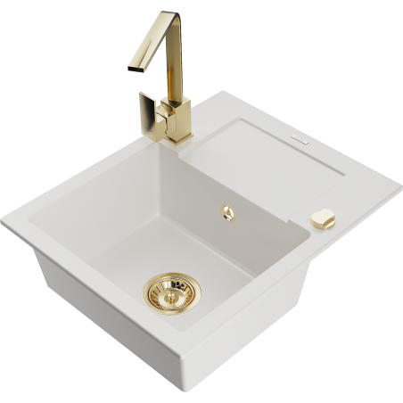 Mexen Enzo fregadero de granito con 1 cubeta, escurridor y grifo de cocina Rita, blanco - 6506-20-670300-50