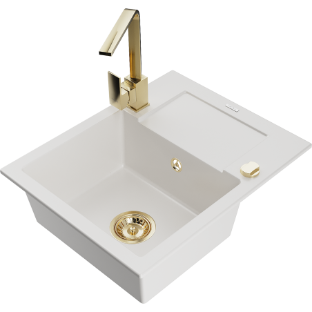 Mexen Enzo single-bowl granite sink with drainer and Rita kitchen tap, white - 6506-20-670300-50