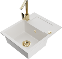 Mexen Enzo 1-bowl granite sink with drainer and Rita kitchen faucet, white - 6506-20-670300-50