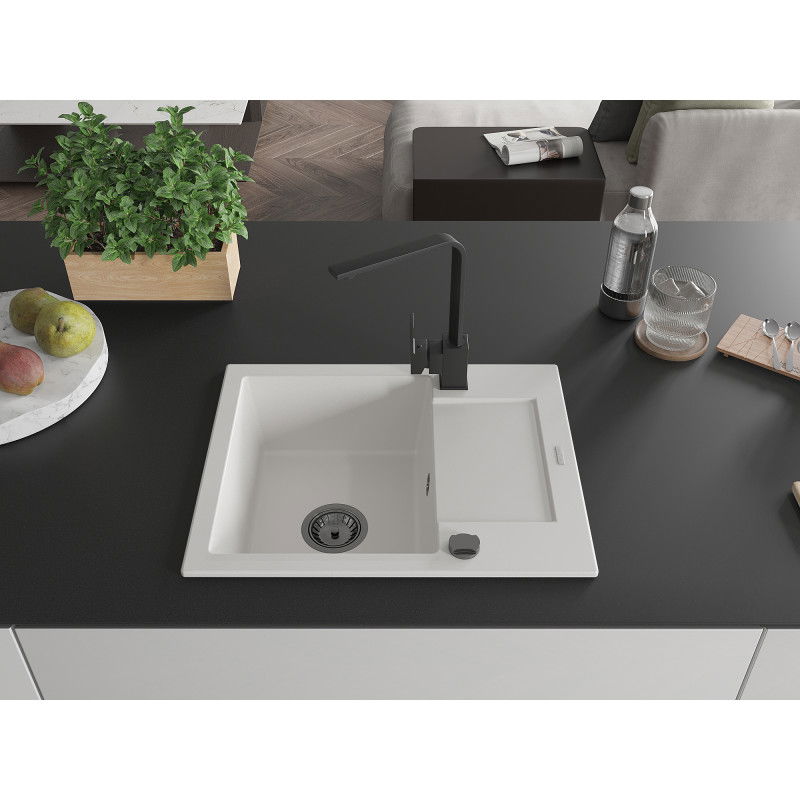 Mexen Enzo 1-bowl granite sink with drainer and Rita kitchen tap, white - 6506-20-670300-70