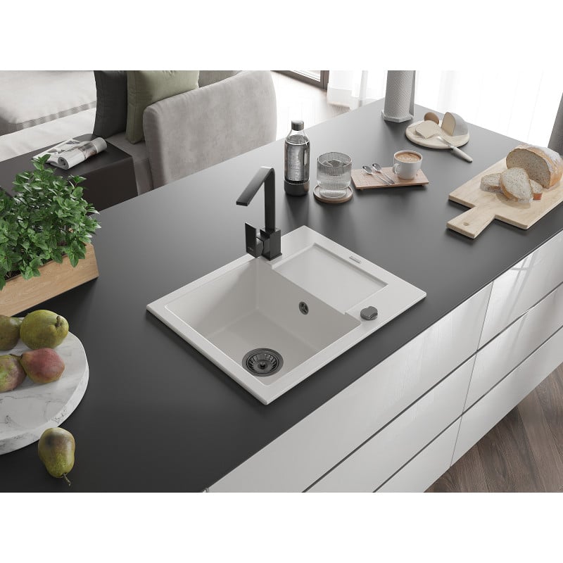 Mexen Enzo 1-bowl granite sink with drainer and Rita kitchen tap, white - 6506-20-670300-70