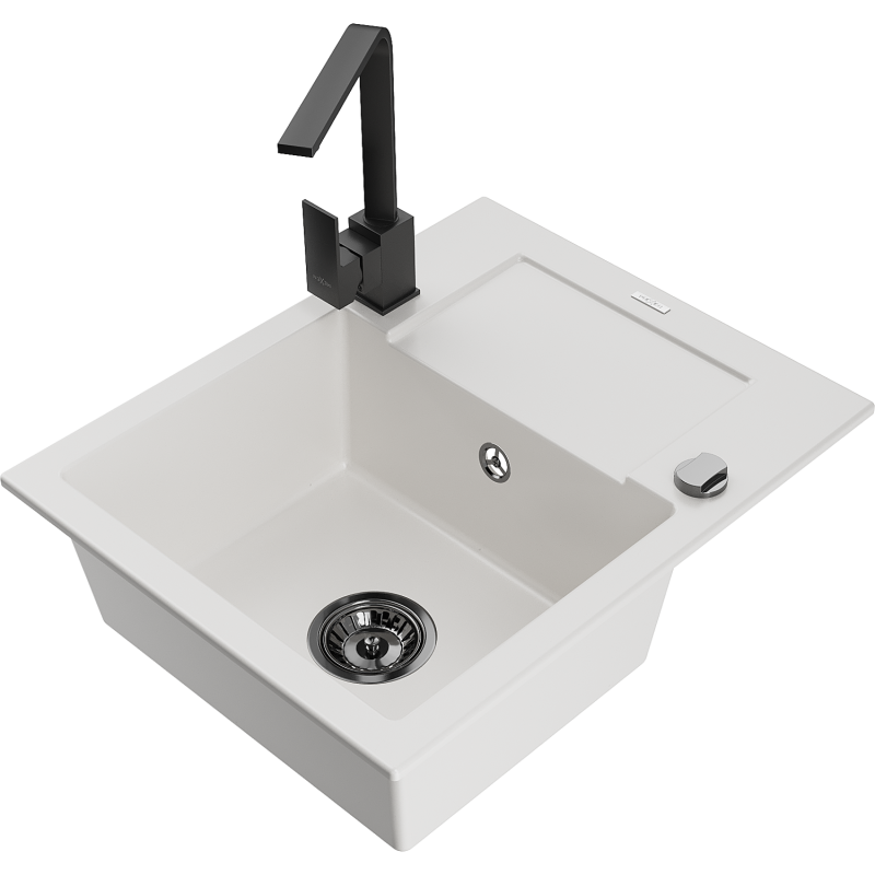 Mexen Enzo 1-bowl granite sink with drainer and Rita kitchen tap, white - 6506-20-670300-70
