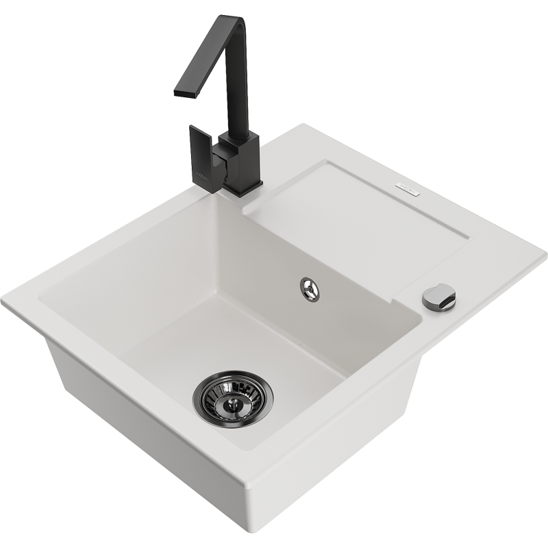 Mexen Enzo granieten spoelbak 1-komerig met afdruiprek en keukenkraan Rita, wit - 6506-20-670300-70