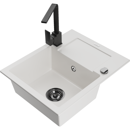 Mexen Enzo 1-bowl granite sink with drainer and Rita kitchen tap, white - 6506-20-670300-70
