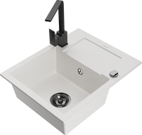 Mexen Enzo 1-bowl granite sink with drainer and Rita kitchen tap, white - 6506-20-670300-70