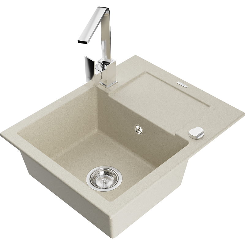 Mexen Enzo lava-loiça de granito de uma bacia com escorredor e torneira de cozinha Rita, bege - 6506-69-670300-00