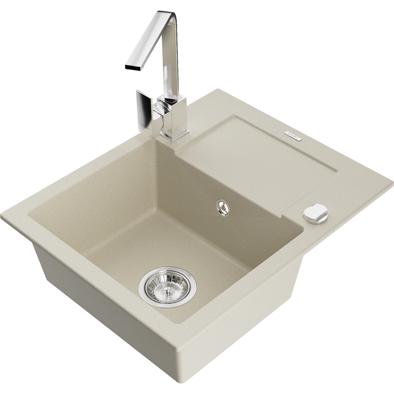 Mexen Enzo lavello in granito a 1 vasca con scolapiatti e rubinetto da cucina Rita, beige - 6506-69-670300-00