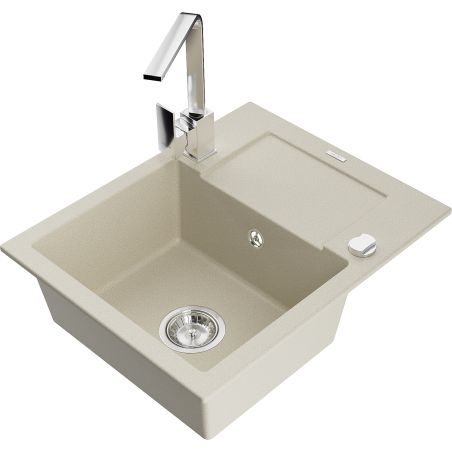 Mexen Enzo 1-bowl granite sink with drainer and Rita kitchen tap, beige - 6506-69-670300-00