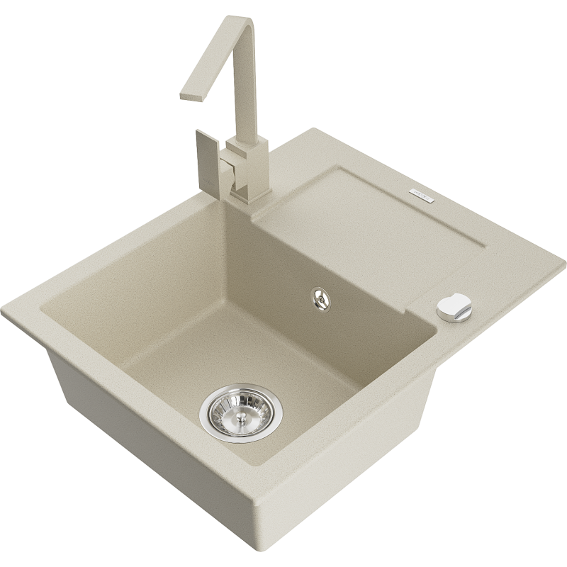 Mexen Enzo fregadero de granito de 1 seno con escurridor y grifo de cocina Rita, beige - 6506-69-670300-69