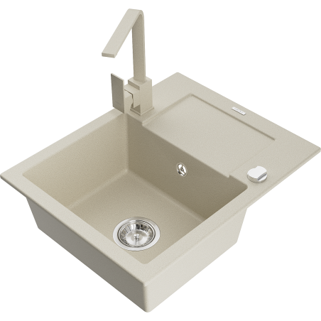 Mexen Enzo 1-bowl granite sink with drainer and Rita kitchen tap, beige - 6506-69-670300-69