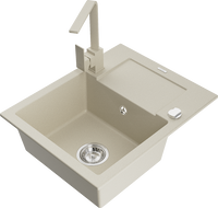 Mexen Enzo 1-bowl granite sink with drainer and Rita kitchen tap, beige - 6506-69-670300-69