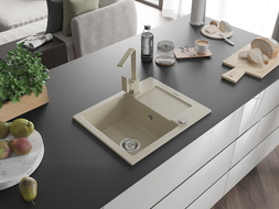 Mexen Enzo fregadero de granito de 1 seno con escurridor y grifo de cocina Rita, beige - 6506-69-670300-69