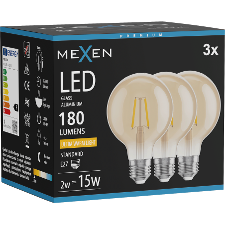 Mexen Vintis 3x Lampadina a filamento LED E27, G80, 2W, Calda - 2200K, 180 lm, ambra - L155-E27-0222-50x03
