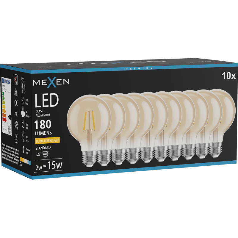 Mexen Vintis 10x LED pavediena spuldze E27, G80, 2W, Silta - 2200K, 180 lm, dzintars - L155-E27-0222-50x10