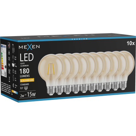 Mexen Vintis 10x Lampadina a filamento LED E27, G80, 2W, Calda - 2200K, 180 lm, ambra - L155-E27-0222-50x10
