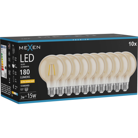 Mexen Vintis 10x LED Filament Glühbir E27, G80, 2W, Warm - 2200K, 180 lm, amber - L155-E27-0222-50x10