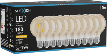 Mexen Vintis 10x Filament-LED-Glühbirne E27, G80, 2W, Warm - 2200K, 180 lm, bernsteinfarben - L155-E27-0222-50x10